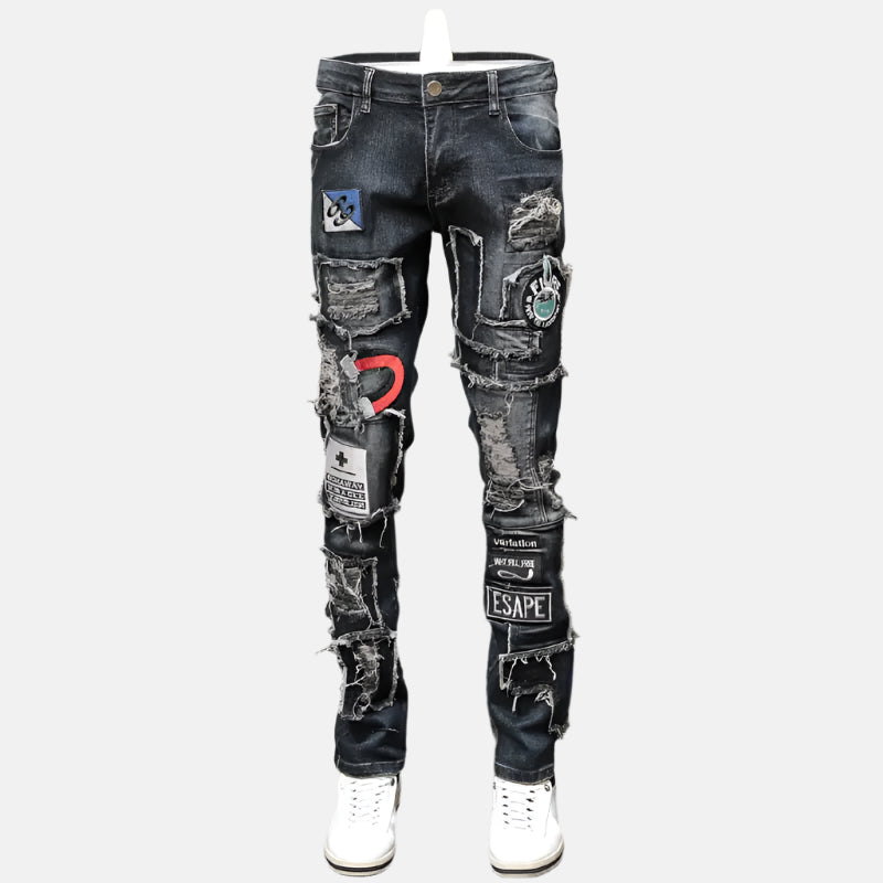 Men's Embroidered Badge Shredded Patch Jeans