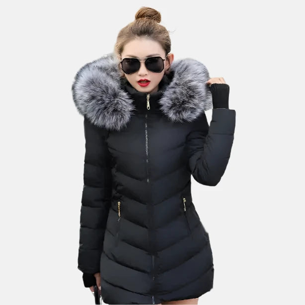 Women's Long Puffer Coat with Faux Fur Trim