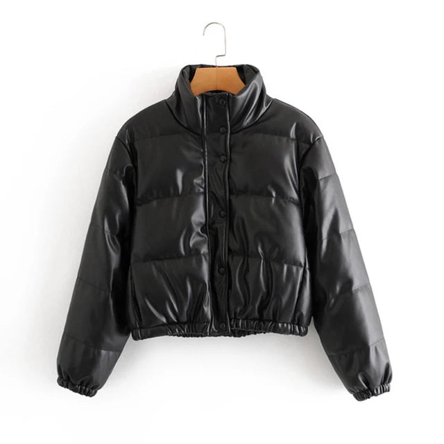 Women's Cropped Faux Leather Puffer Jacket