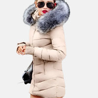 Women's Long Puffer Coat with Faux Fur Trim