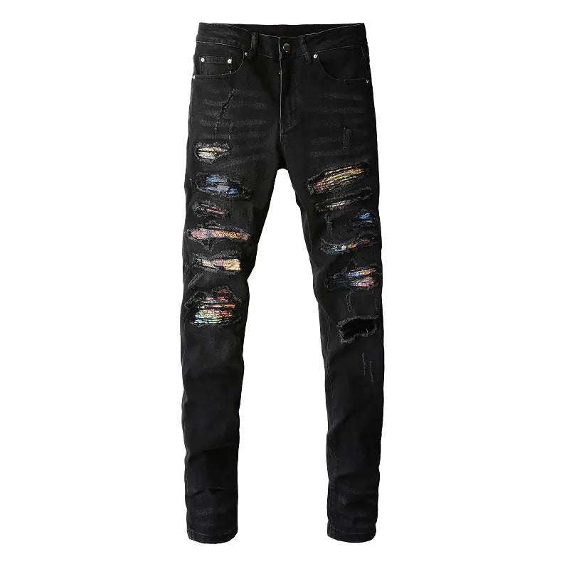 Men's Simple Print Tattered Stretch Jeans