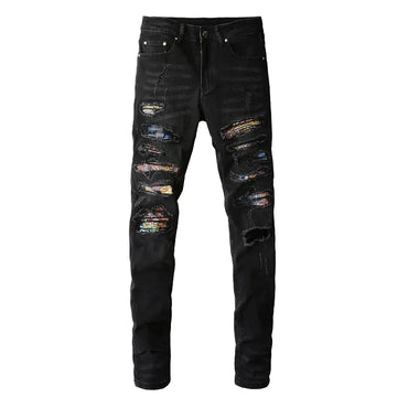 Men's Simple Print Tattered Stretch Jeans