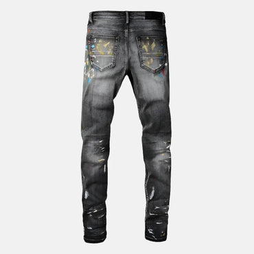 Men Speckle Ink Printed Vintage Pleated Ripped Jeans