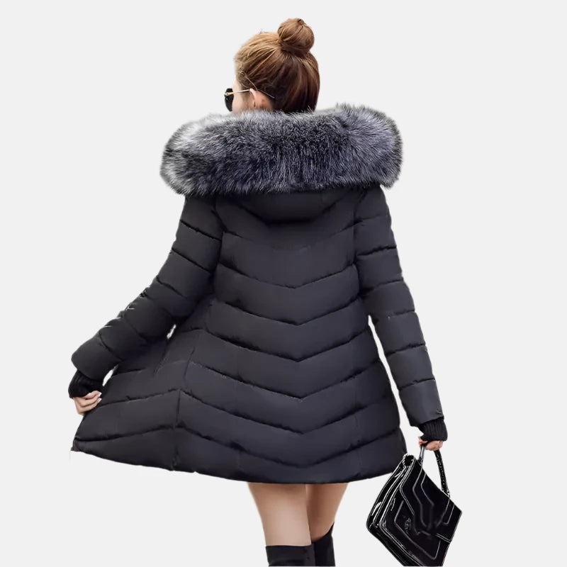 Women's Long Puffer Coat with Faux Fur Trim