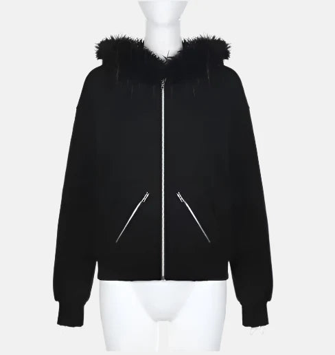 Vintage Chic Fur Collar Zip-Up Hoodie