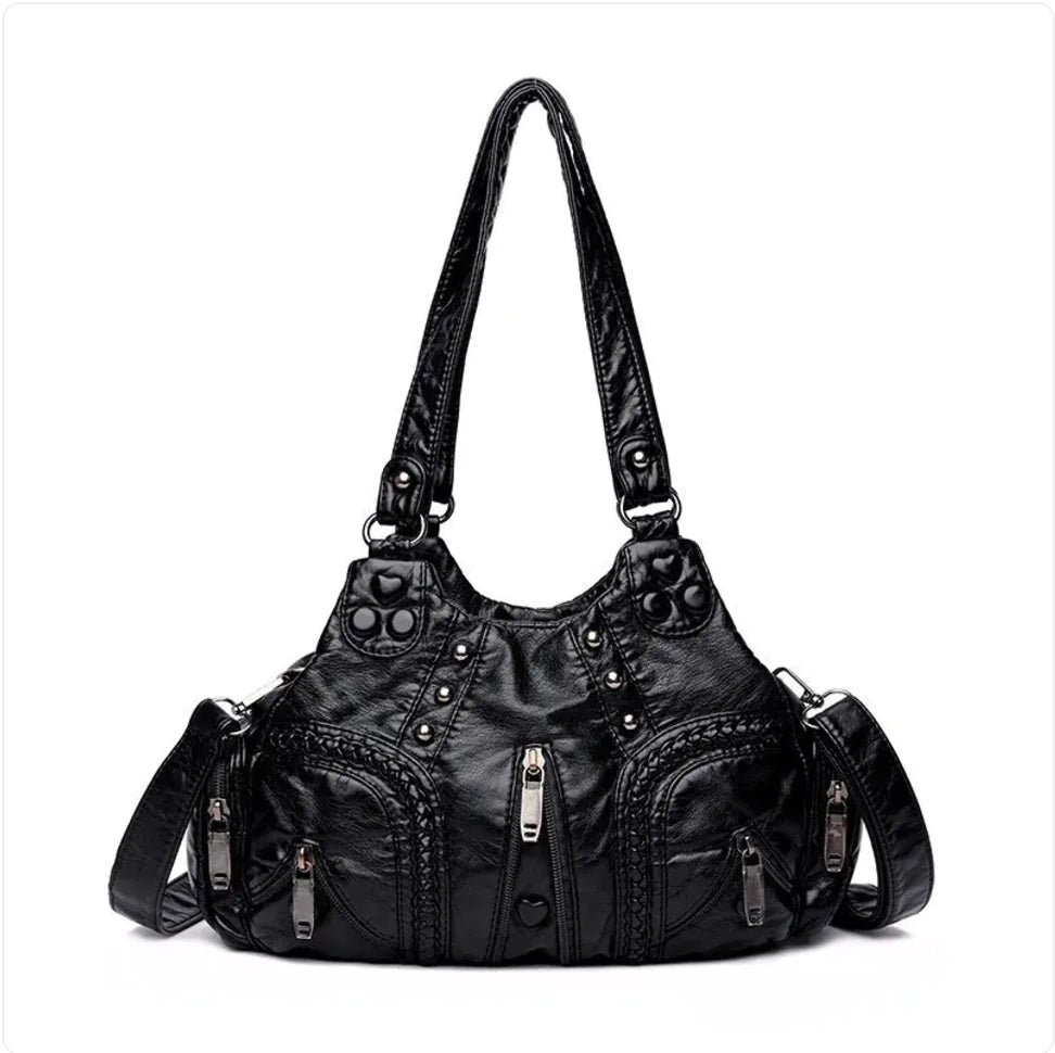 Women's Black Leather Shoulder Bag with Zipper Details