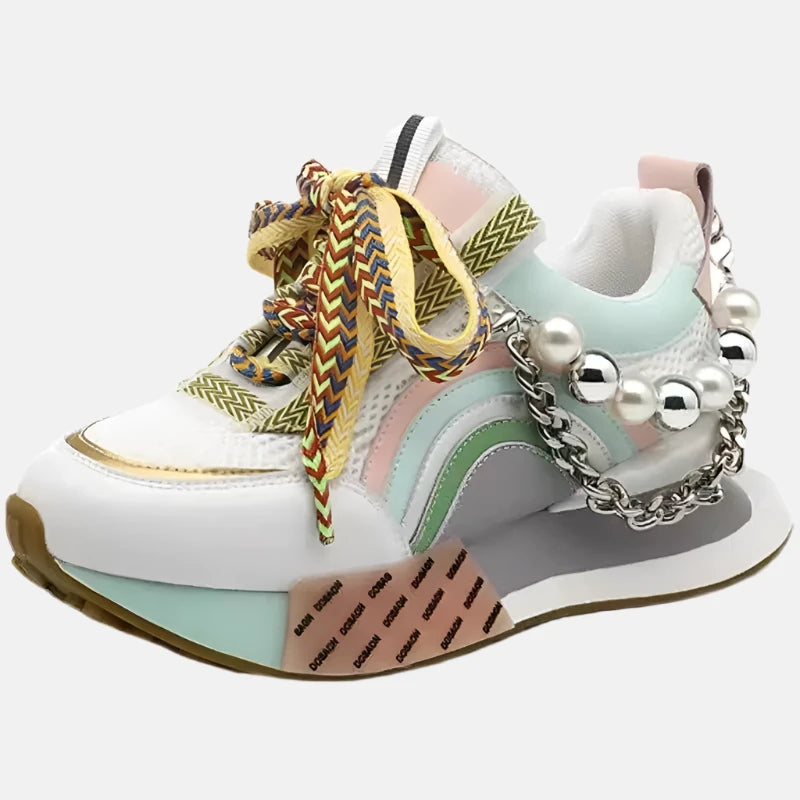 Whimsical Rainbow Pearl Chain Sneakers