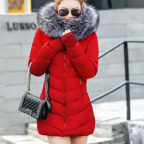 Women's Long Puffer Coat with Faux Fur Trim