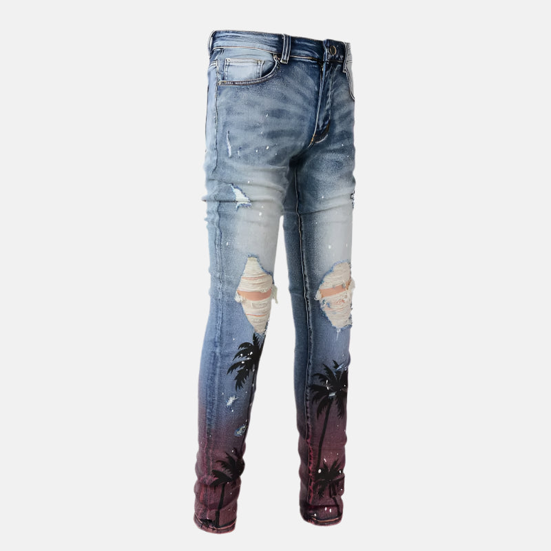 Palm Tree Sunset Distressed Jeans