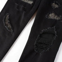 Men's Crystal Rhinestone Patchwork Ripped Skinny Jeans