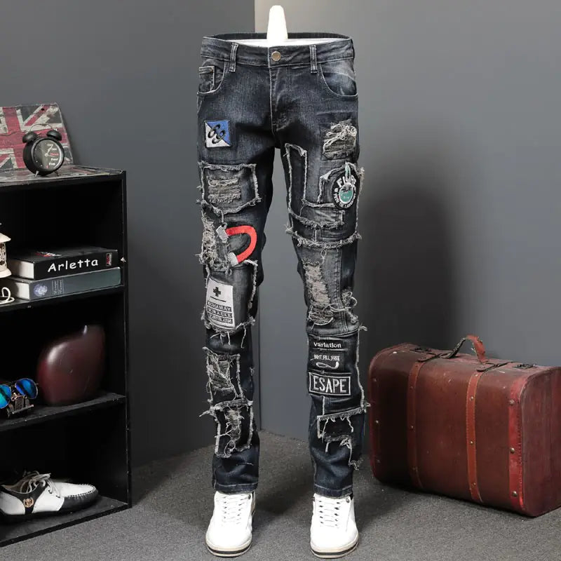 Men's Embroidered Badge Shredded Patch Jeans
