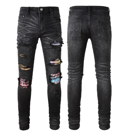 Men's Simple Print Tattered Stretch Jeans